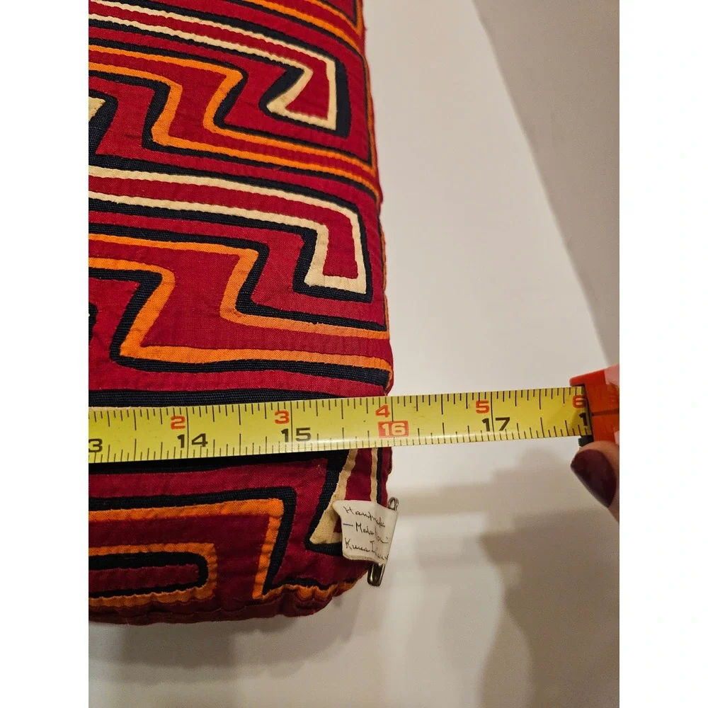 Handmade Kuna Indian Mola Pillow Red Geometric‎ Folk Art Panama 16x13